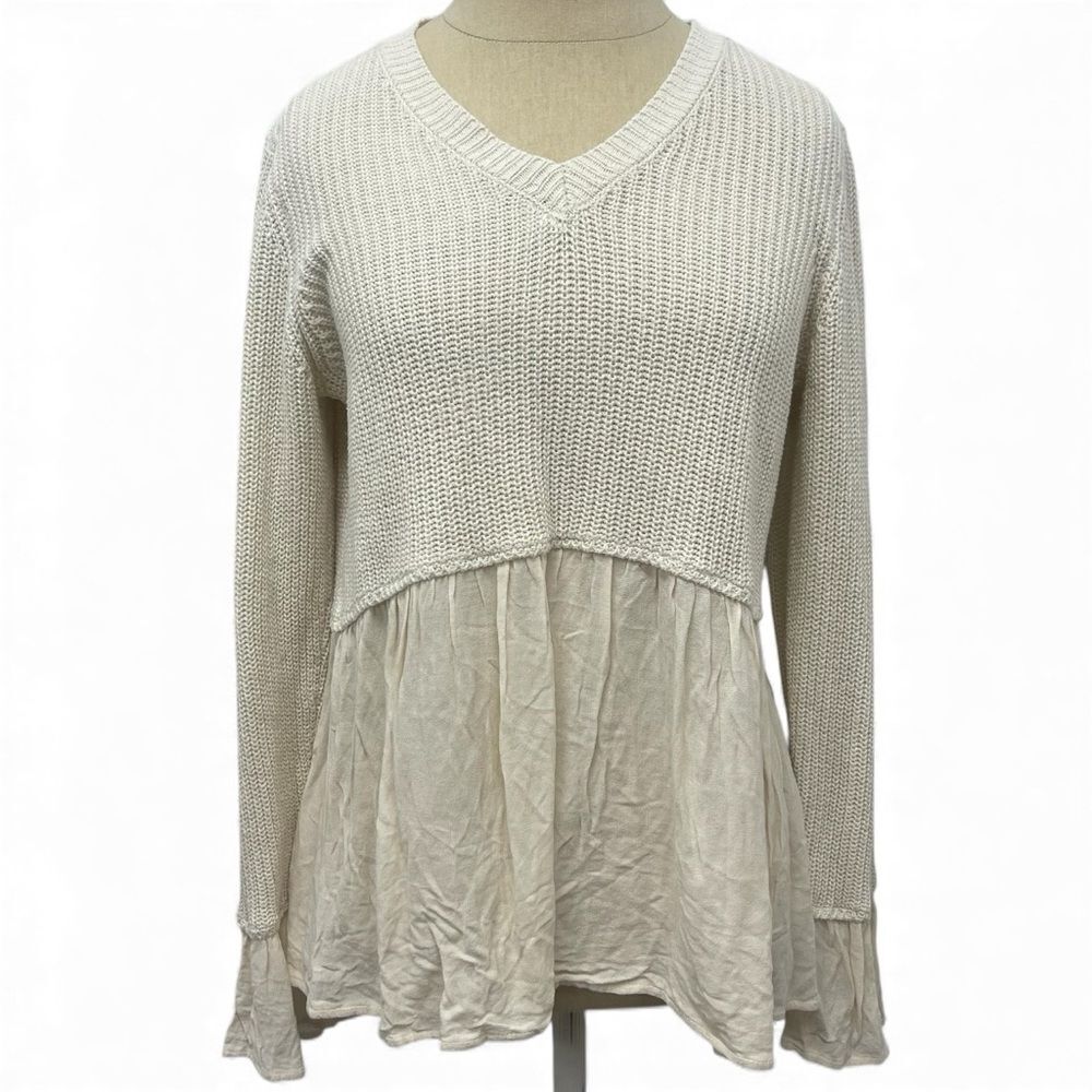 Altar'd State Small Cream Knit Tunic Sweater with Chiffon Bottom Long Sleeve